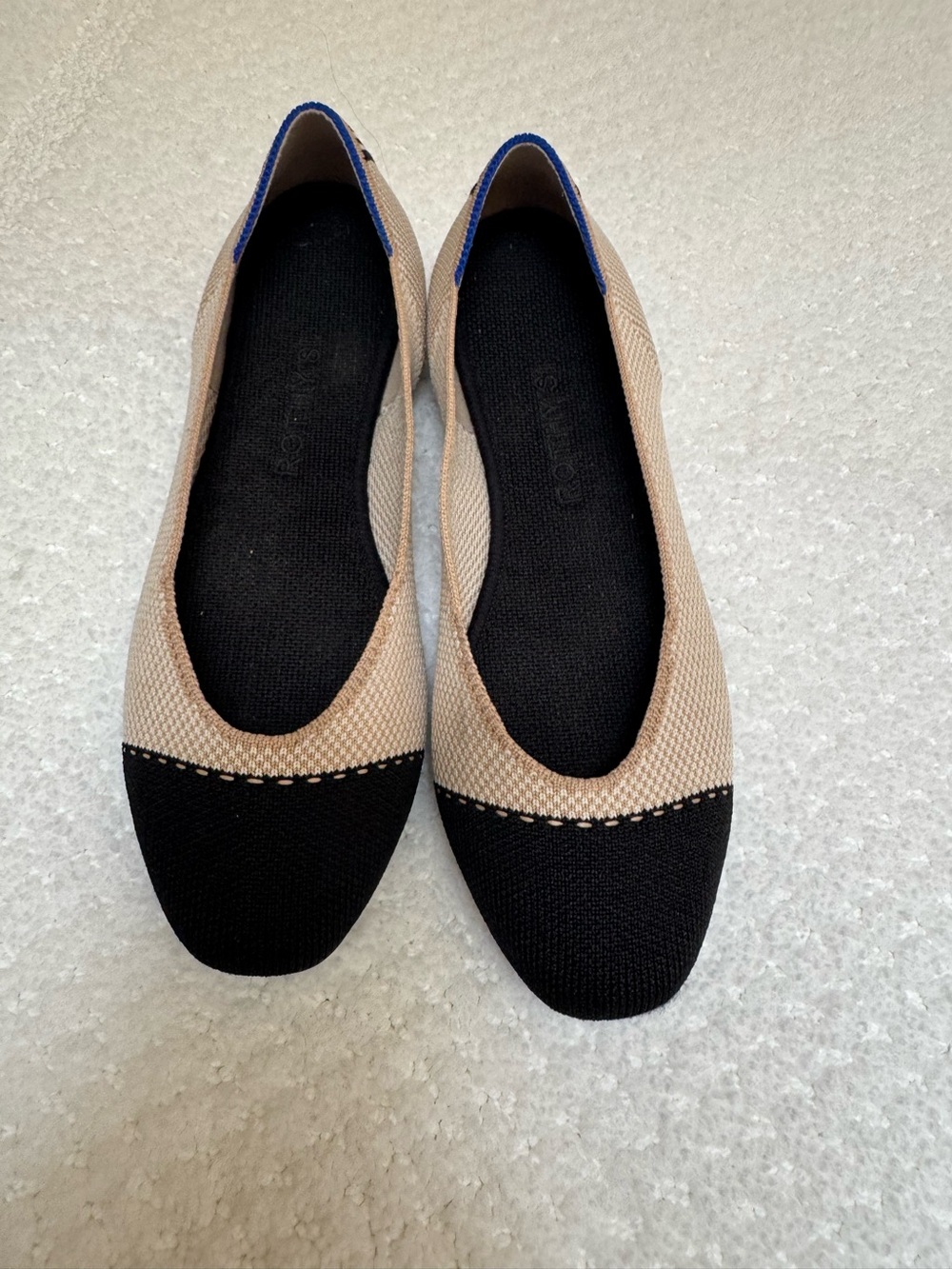 Rothy's Beige and Black Knit Cap-Toe Ballet Flats with Blue Trim